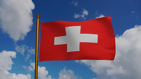 National flag of Switzerland waving 3D Render with flagpole and blue sky, Republic of Swiss Confederation flag textile or Suisse, coat of arms Switzerland independence day, Schweizerfahne