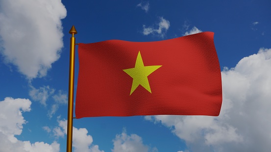 National flag of Vietnam waving Render with flagpole and blue sky, Socialist Republic of Vietnam flag textile by Nguyen Huu Tien, Vietnam independence day, Vietnamese flag of Fatherland. illustration