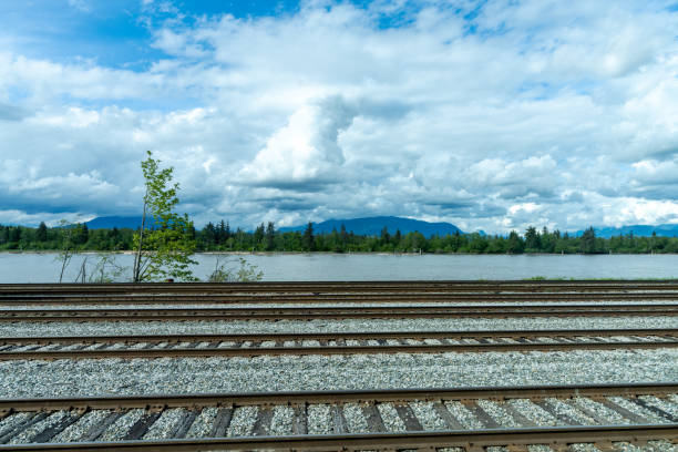 istock Railroad track on the river bank, over blue sky 1402762658