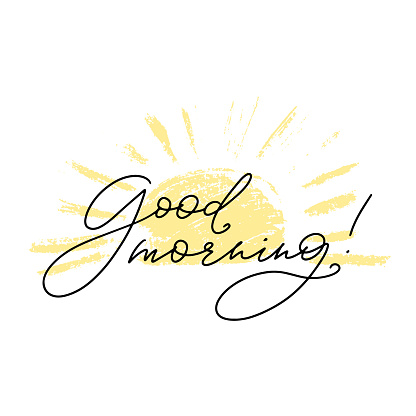 Good morning lettering with sun. Handmade calligraphy, vector illustration. Handwritten poster with hand drawn sun.
