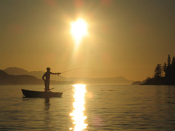 Fly Fishing at Sunset Silhouette of man in small, open boat fly fishing on the west coast of British Columbia, Canada. Thormanby and Texada Islands in distance, shoreline of Halfmoon Bay on the Sunshine Coast to the right. Look closely and the shiny fishing line is glistening gold above the fisherman and his boat.  sound port stock pictures, royalty-free photos & images