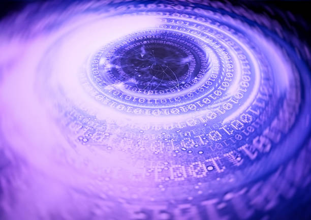 istock 3D illustration swirling blue binary light digitally generated by the concept of technology 1402765124