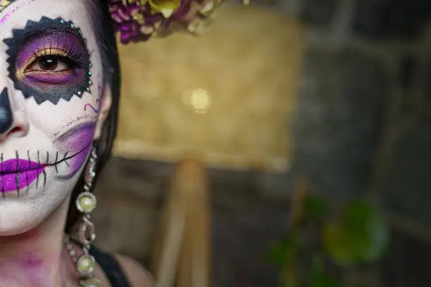 Young woman with sugar skull makeup. Day of The Dead. Catrina portrait.