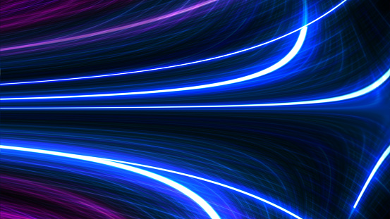 Bright abstract blurred colored stripes of light on a black background, vibrant changing curves, cosmic creative background, abstract pattern