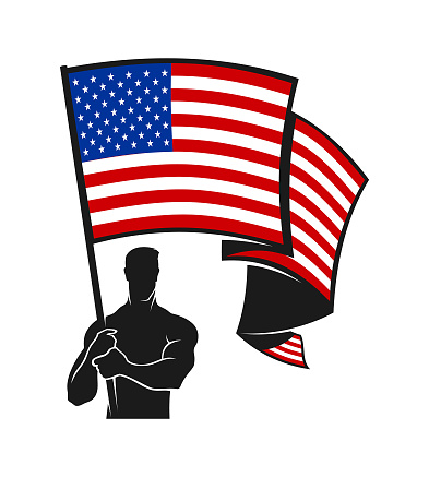 Stylized silhouette of a man, flag bearer holding an American flag