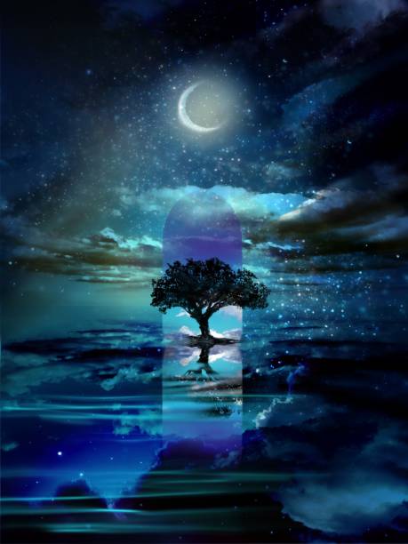 istock Illustration of a beautiful clear night sky reflected on Lake Uyuni and a tree rising in the center in a beautiful starry night． 1402773258
