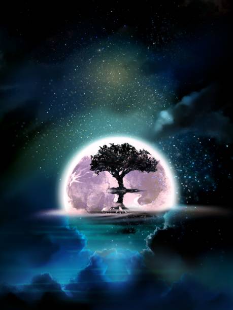 istock Mysterious color illustration of overgrown trees in a beautiful starry night sky 1402773261