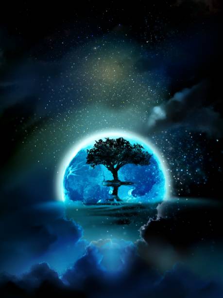 istock Illustration of a beautiful clear night sky reflected on Lake Uyuni and a tree rising in the center in a beautiful starry night． 1402773262