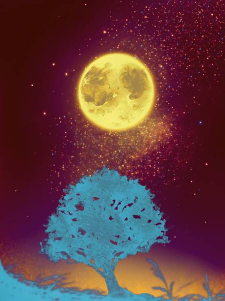 istock Mysterious color illustration of overgrown trees in a beautiful starry night sky 1402773275