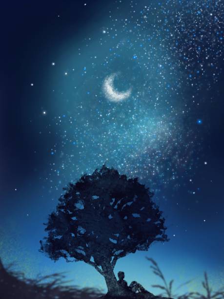 istock Mysterious color illustration of overgrown trees in a beautiful starry night sky 1402773276