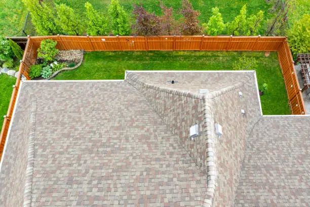Photo of Aerial view residential rooftop and backyard at Woodbridge, Vaughan, Canada