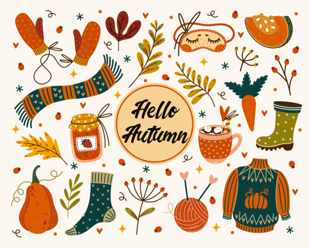 Autumn vector icons set. Bright seasonal symbols - knitted clothes, rubber boots, fall leaves, cocoa, jam, vegetables harvest. Flat cartoon clipart for decoration, design of cards, stickers, web Autumn vector icons set. Bright seasonal symbols - knitted clothes, rubber boots, fall leaves, cocoa, jam, vegetables harvest. Flat cartoon clipart for decoration, design of cards, stickers, web knitted pumpkin stock illustrations