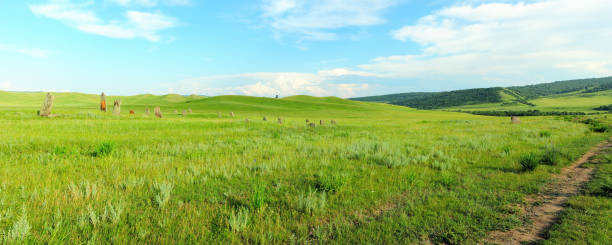 Panoramic shot of a summer valley with ancient stone grave sculptures.