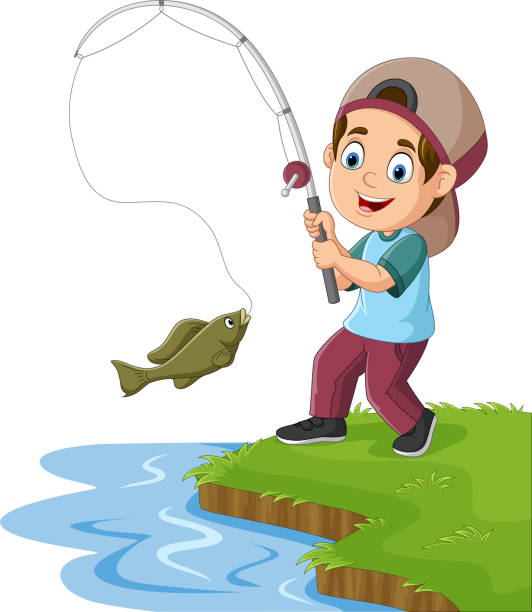 istock Cartoon little boy fishing on the lake 1402778656