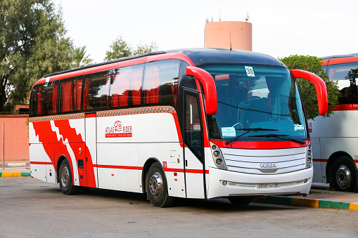 Errachidia, Morocco - September 26, 2019: Touristic coach bus Caetano Levante in a city street.