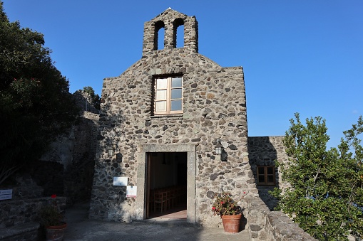 Ischia, Campania, Italy - May 12, 2022: Facade of the fourteenth-century Church of the Madonna della Libera at the Aragonese Castle