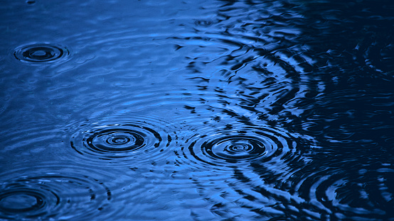 Gentle rain falling on a puddle during a lull in a storm creates smooth ripples on the surface of the water