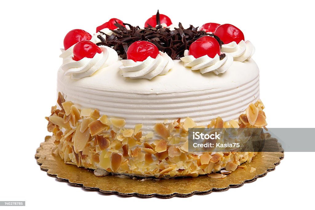 A beautiful cake with cherries and chocolates White Cake with cherries and chocolate    Baked Pastry Item Stock Photo