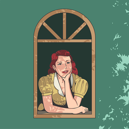 Woman looking out the window vector illustration, vintage illustration. the woman in the window pose.