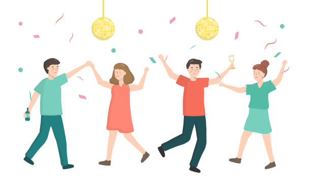 Man and woman has dance party at home they dance and drink. Man and woman has dance party at home. Birthday party decoration with disco ball and shoot colorful confetti. They drink liquor and juice. confetti clipart stock illustrations