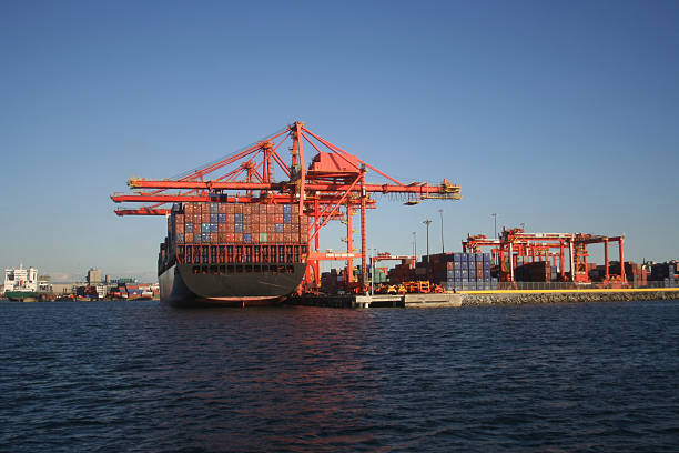 Evening silhouette view of the industrial port of Valencia in Spain showing cranes and gas storage units. Duotone effect