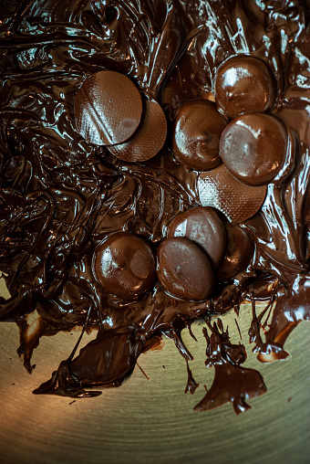 Closeup shot of cooking chocolate in a metal bowl