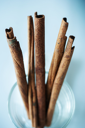 Close-up of cinnamon sticks on bottle - stock photo