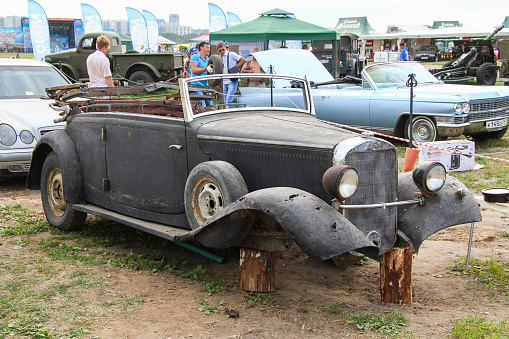 Moscow, Russia - July 6, 2012: Old unrestored car frame presented at the annual motorshow Autoexotica.