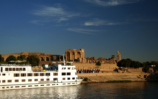 A Nile Cruiser docked at the Temple of Kom Ombo on the River Nile.