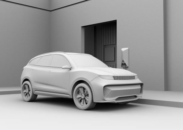 istock Clay rendering of electric SUV charing at home garage 1402797161