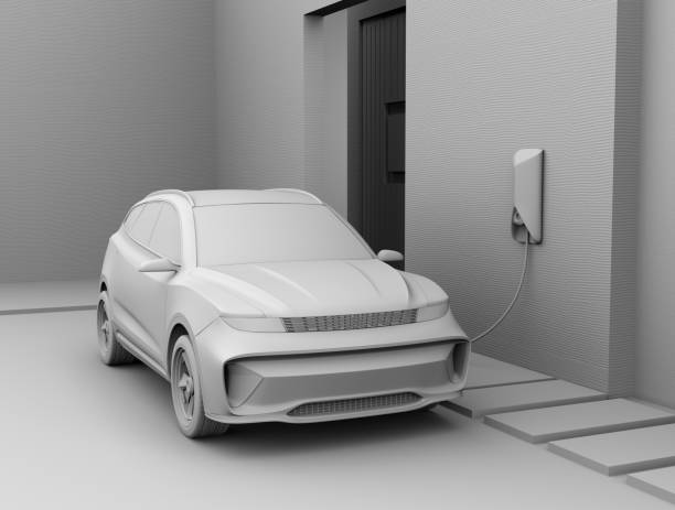 Clay rendering of electric SUV charing at home garage stock photo