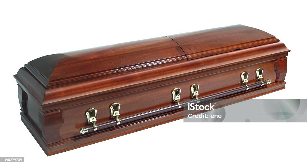 A beautifully polished wooden casket with deep timber tone  brown casket isolated on white Coffin Stock Photo