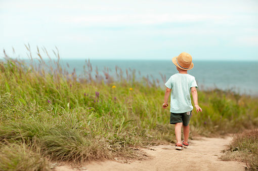 the little boy is walking along a dusty road through a field to the sea