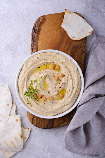 Hummus from chickpeas and pita bread. stock photo