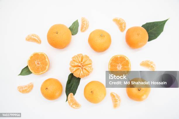 Tangerine Or Kamala With Leaf Isolated On White Backgroundtop View Stock Photo - Download Image Now