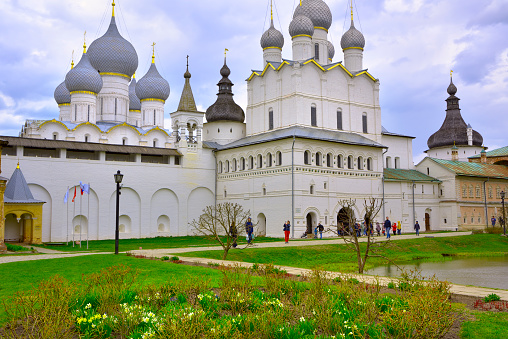 Rostov, Yaroslavl region, Russia, 05.04.2022. The white-stone Rostov Kremlin. Church of the Resurrection of the Lord from the Bishop's Court, Russian architecture of the XVII century