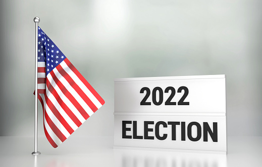 2022 USA Election. USA flag and Lightbox on gray background. Election concept.