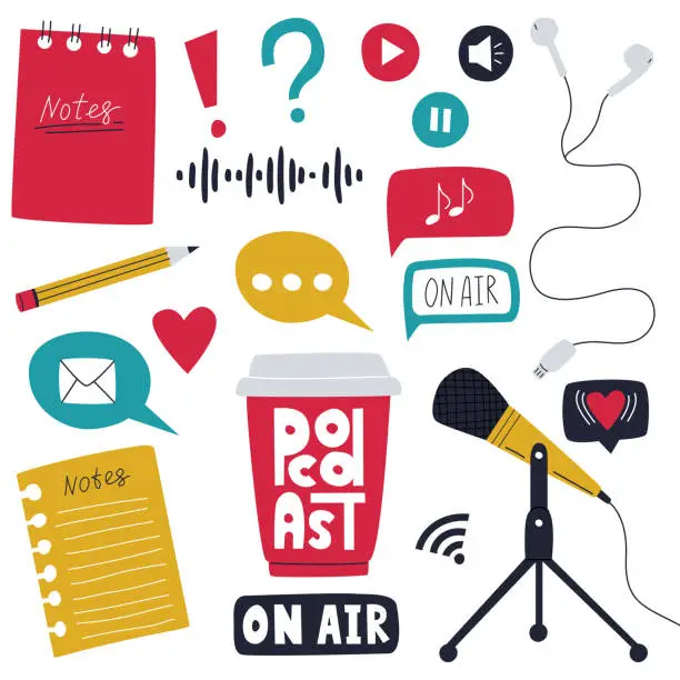 Vector illustration of A set of elements symbolizing listening to a podcast, radio show, online show. Microphone, coffee cup, earphones, pencil, note paper. Color flat vector illustrations isolated on a white background