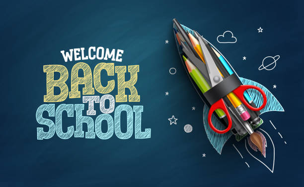 ilustrações de stock, clip art, desenhos animados e ícones de back to school vector background design. welcome back to school doodle text with rocket launch - school supply