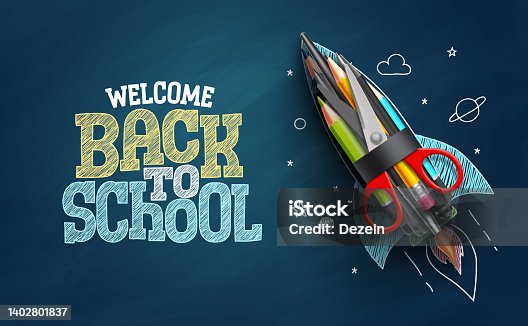 istock Back to school vector background design. Welcome back to school doodle text with rocket launch 1402801837