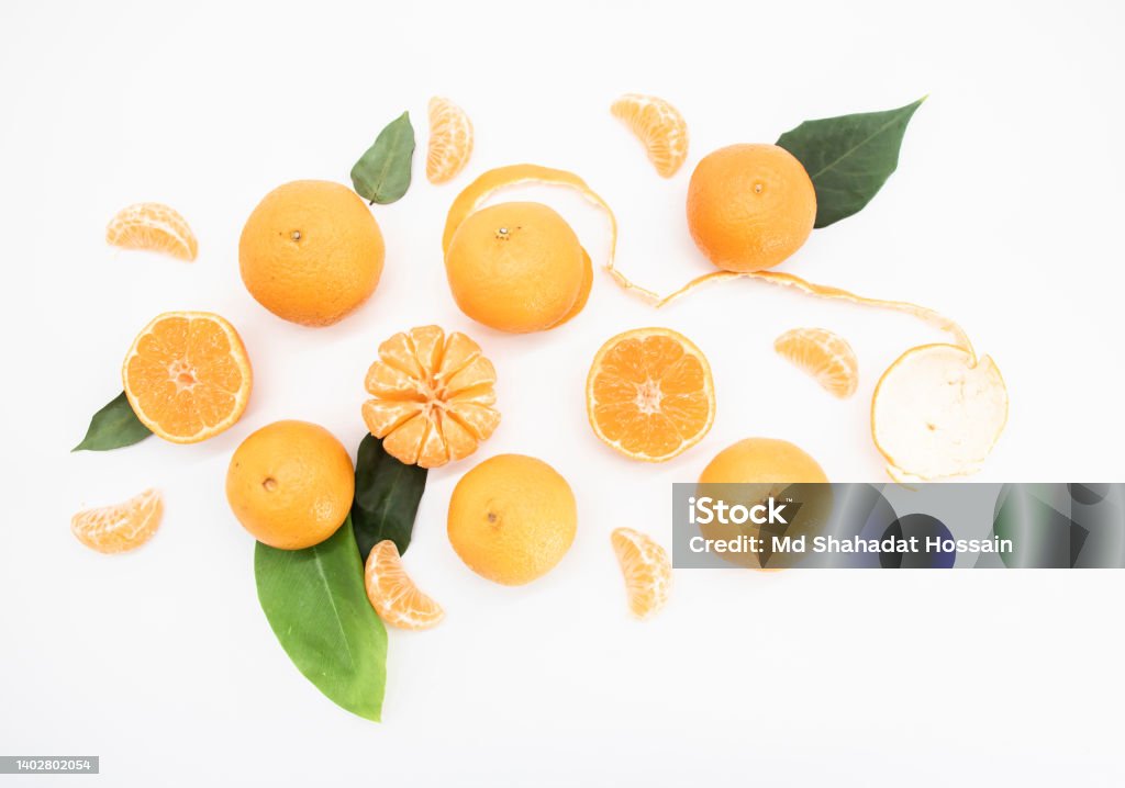 Tangerine or orange with leaf design isolated on white background,top view Tangerine Stock Photo