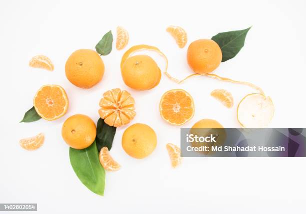 Tangerine Or Orange With Leaf Design Isolated On White Backgroundtop View Stock Photo - Download Image Now