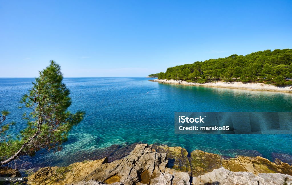 Famous "Gortans Cova Beach" next to Pula - Istria - Croatia Beautiful summer destination for snorkeling Beach Stock Photo