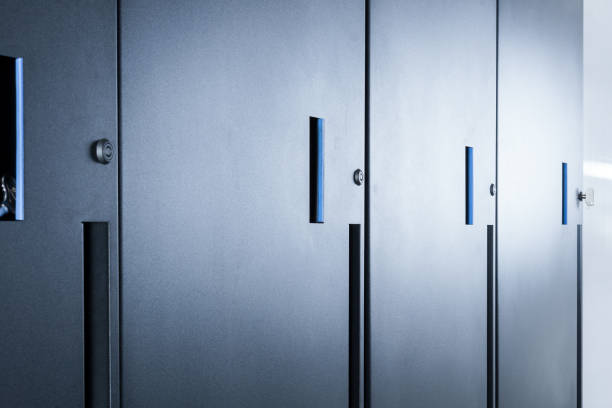 istock server racks with detail on door lock 1402802594