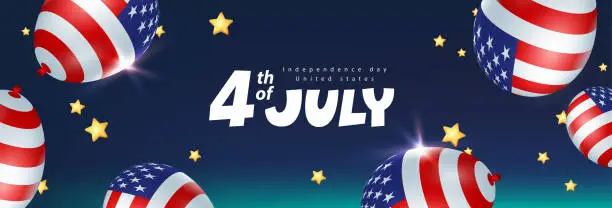 Vector illustration of Independence day USA celebration banner in night sky with american balloons and gold stars