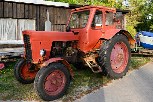 Usedom, Germany, May 14, 2022 - The MTS-52 / MTZ-52 is a tractor that was produced at Minski Traktorny Sawod in Minsk from 1964. About 200,000 units were built in 21 years, the GDR imported the vehicle from 1964.