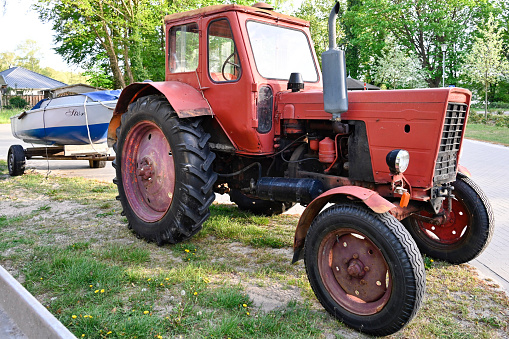 Usedom, Germany, May 14, 2022 - The MTS-52 / MTZ-52 is a tractor that was produced at Minski Traktorny Sawod in Minsk from 1964. About 200,000 units were built in 21 years, the GDR imported the vehicle from 1964.