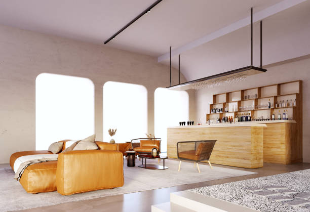 istock 3d rendering,3d illustration, Interior Scene and  Mockup,The lounge corner and the drink bar are modern-style bar decorated with light brown sofas and armchairs. 1402804428