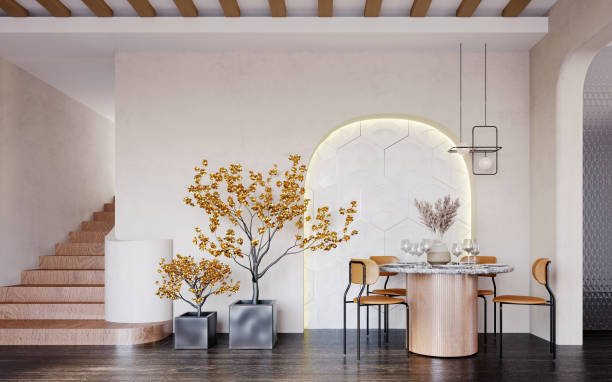 istock 3d rendering,3d illustration, Interior Scene and  Mockup,Dining corner with a round colored table that sits on top of a wooden wall decorated with curved warm white wood. 1402804456