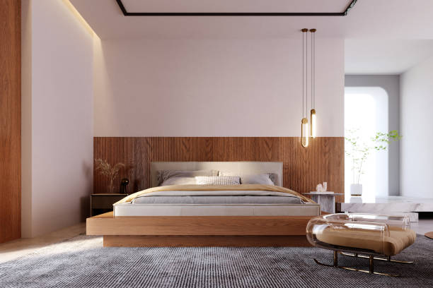 istock 3d rendering,3d illustration, Interior Scene and  Mockup,Modern bedroom, mahogany bed, light brown armchair, gray carpet. 1402804487